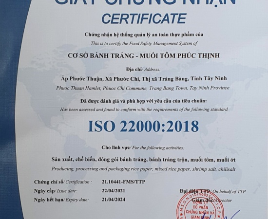GIẤY CHỨNG NHẬN ĐẠT CHẤT LƯỢNG ISO 22000
